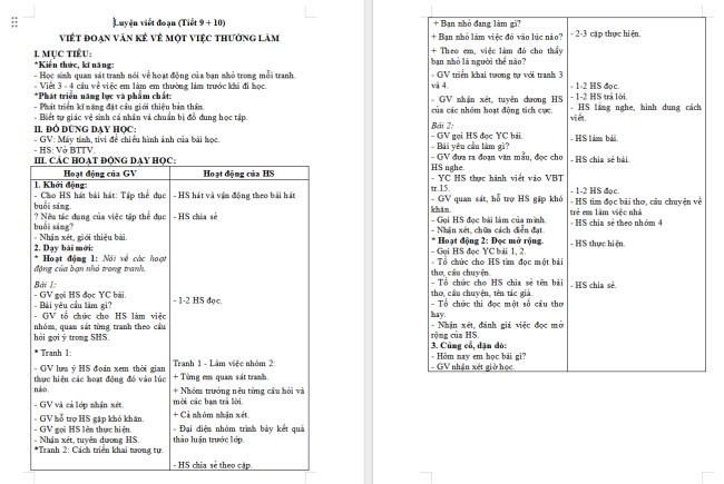 Giáo án Tiếng Việt 2 Bài 6: Viết đoạn văn kể việc thường làm. Đọc mở rộng