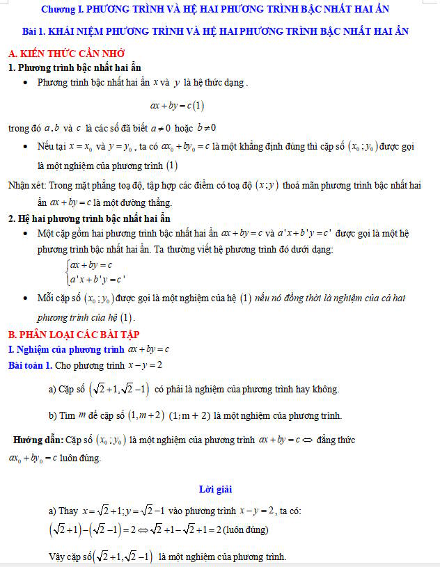 Các dạng bài tập về khái niệm phương trình và hệ hai phương trình bậc nhất hai ẩn