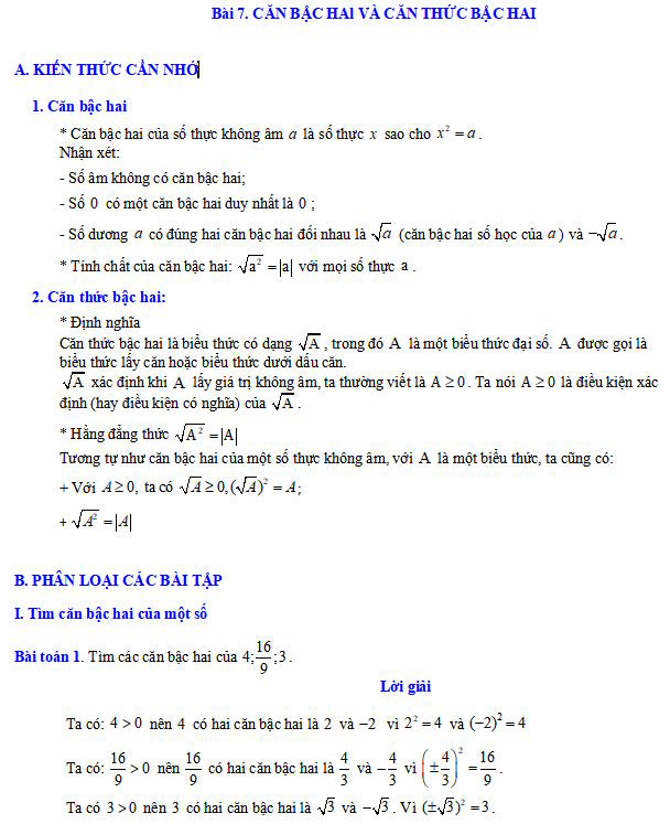 Căn bậc hai và căn thức bậc hai 