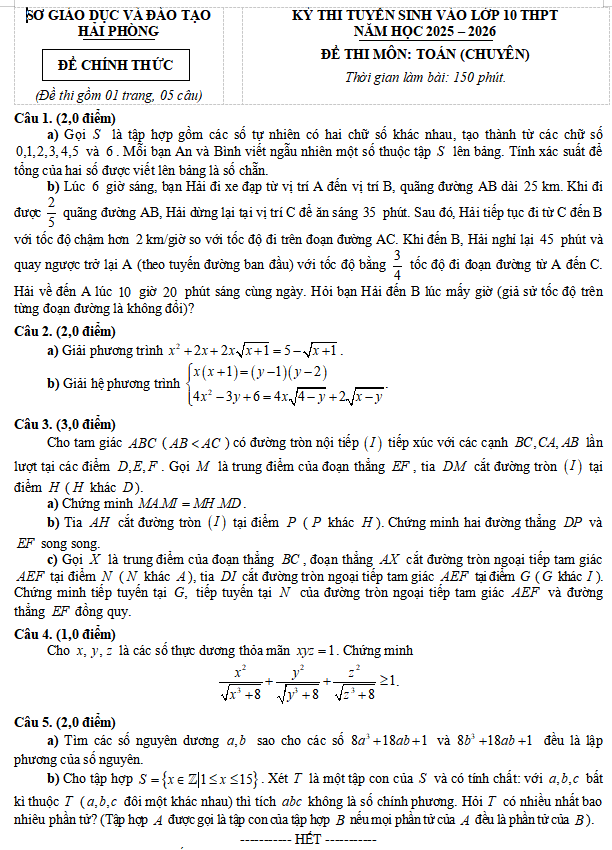 Đề chính thức Kỳ thi tuyển sinh vào lớp 10 THPT chuyên môn Toán (2025 – 2026)