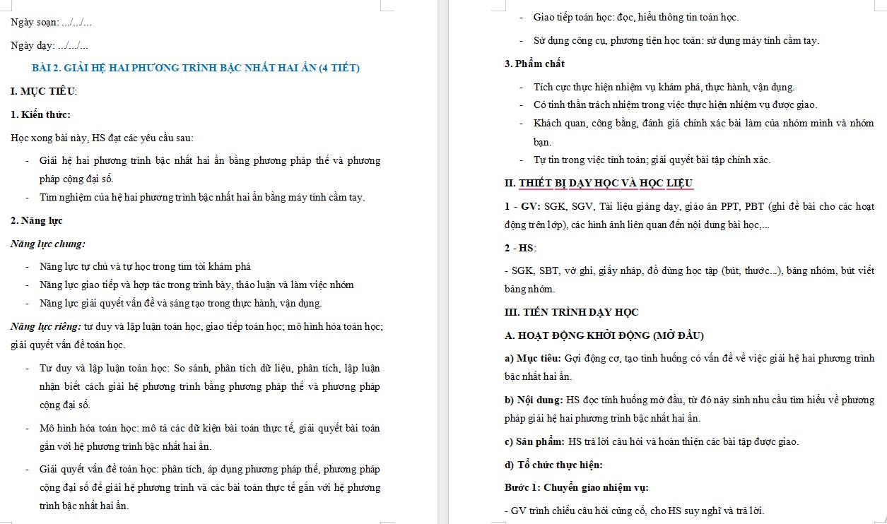 Giáo án Toán 9 KNTT Bài Giải hệ hai phương trình bậc nhất hai ẩn