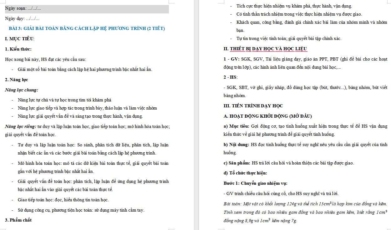 Giáo án Toán 9 KNTT Bài Giải bài toán bằng cách lập hệ phương trình