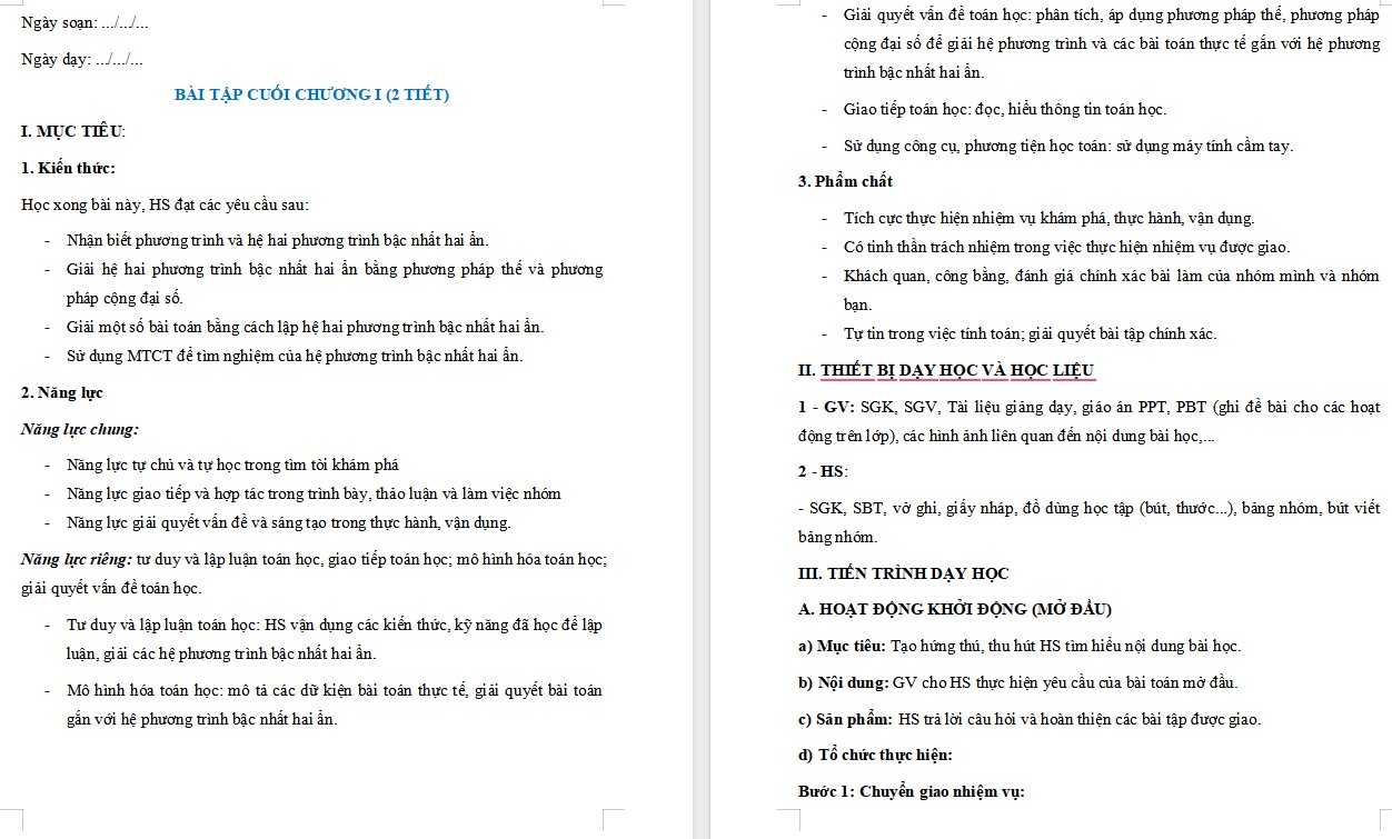 Giáo án Toán 9 KNTT Bài Ôn tập Chương 1