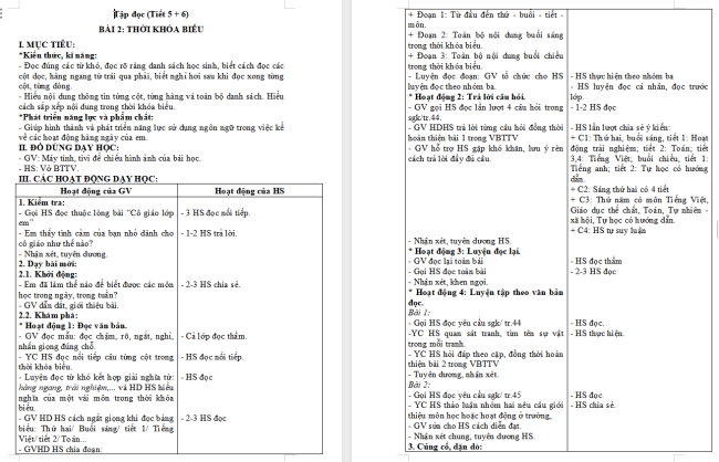 Giáo án Tiếng Việt 2 Bài 10: Đọc Thời khoá biểu