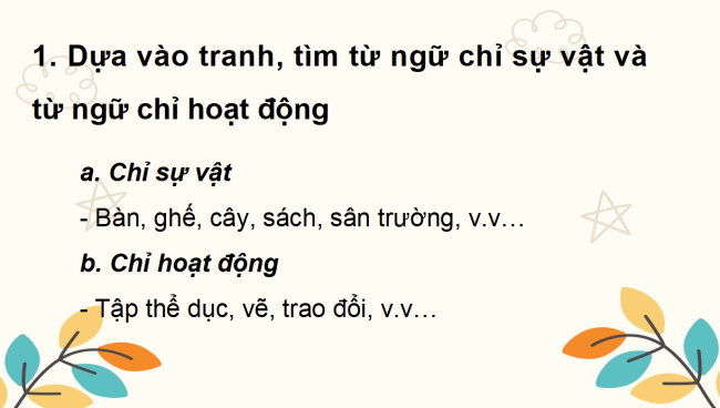 PowerPoint Tiếng Việt 2 Bài 10: Từ ngữ chỉ sự vật, hoạt động. Câu nêu hoạt động