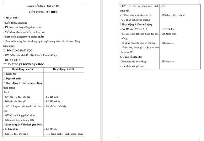 Giáo án Tiếng Việt 2 Bài 10: Viết thời gian biểu. Đọc mở rộng