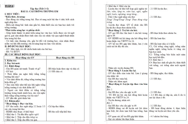 Giáo án Tiếng Việt 2 Bài 11: Cái trống trường em