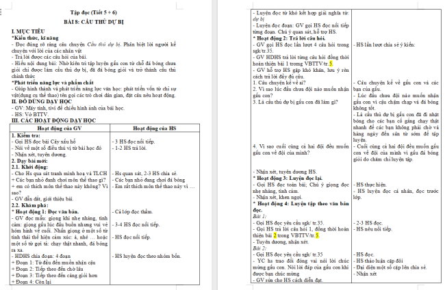 Giáo án Tiếng Việt 2 Bài 8: Đọc Cầu thủ dự bị