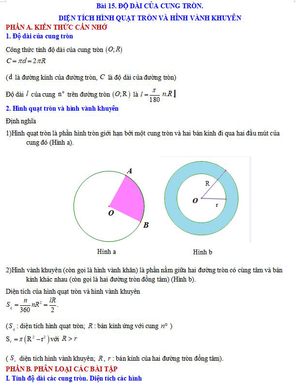 Độ dài của cung tròn. Diện tích hình quạt tròn và hình vành khuyên 