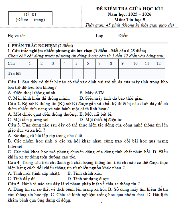 Đề kiểm tra giữa học kì I môn Tin học lớp 9 sách Kết nối tri thức theo CV 7991