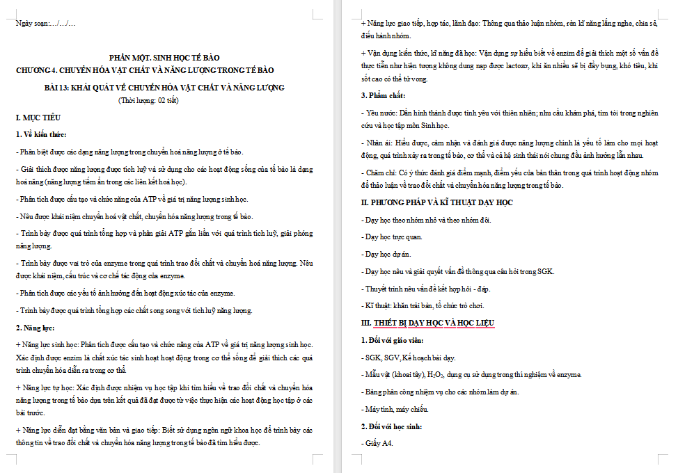 Giáo án PowerPoint Sinh học 10 Bài 14