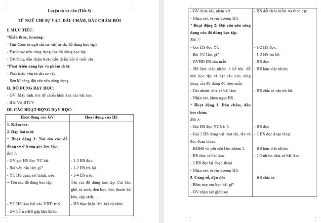 Giáo án Tiếng Việt 2 Bài 14: Mở rộng vốn từ chỉ đồ dùng học tập. Dấu chấm, dấu chấm hỏi