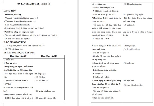 Giáo án Tiếng Việt 2 Ôn tập giữa học kì I (Tiết 3, 4)
