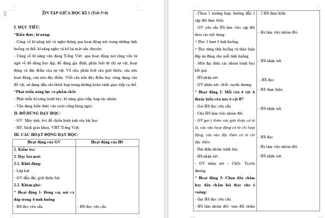 Giáo án Tiếng Việt 2 Ôn tập giữa học kì I (Tiết 5, 6)
