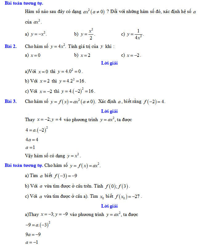 Các dạng bài tập về Hàm số y=ax2 (a khác 0)