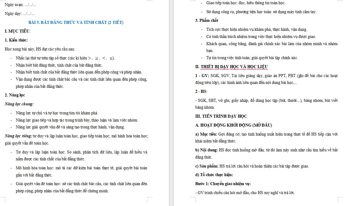 Giáo án Toán 9 KNTT Bài Bất đẳng thức và tính chất