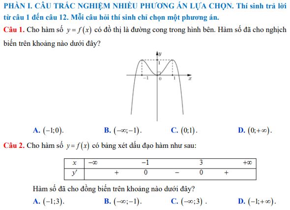 Đề thi giữa kì 1 lớp 12 môn Toán