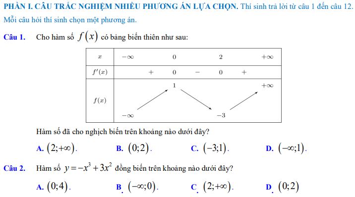 Đề thi giữa kì 1 lớp 12 môn Toán
