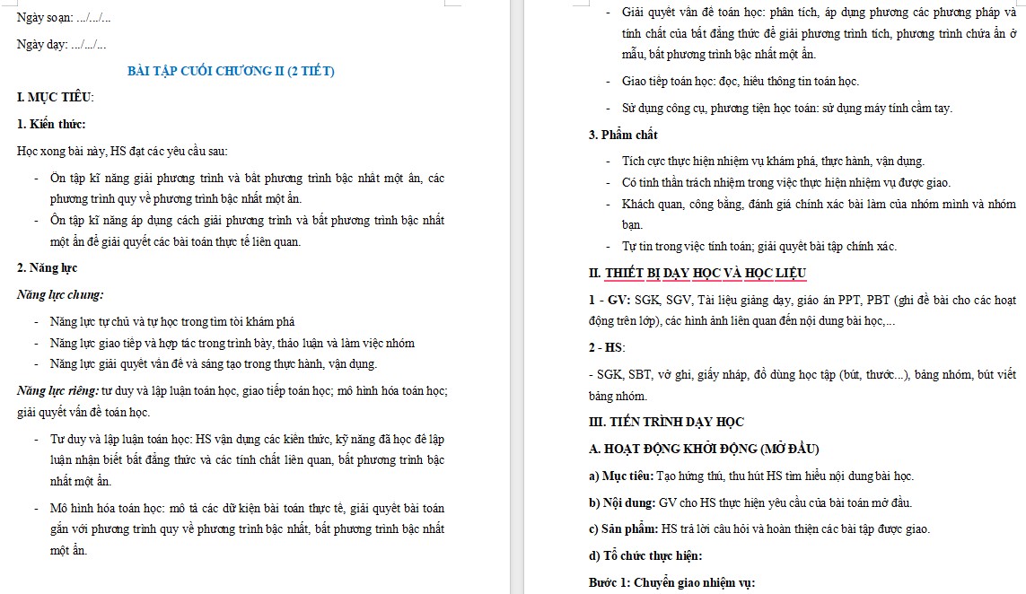 Giáo án Toán 9 KNTT Bài Ôn tập Chương 2