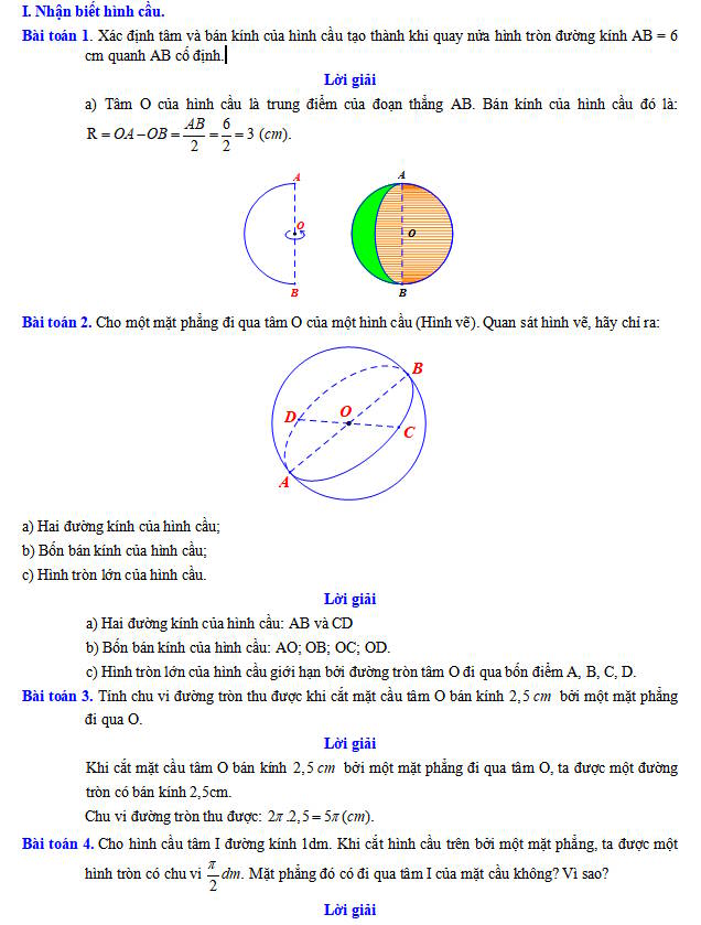 Các dạng bài tập môn Toán 9: Hình cầu