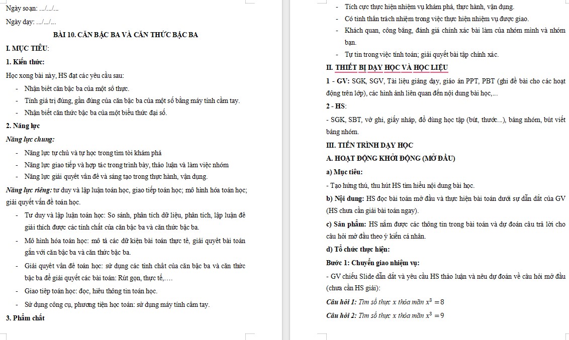 Giáo án Toán 9 KNTT Bài Căn bậc ba và căn thức bậc ba