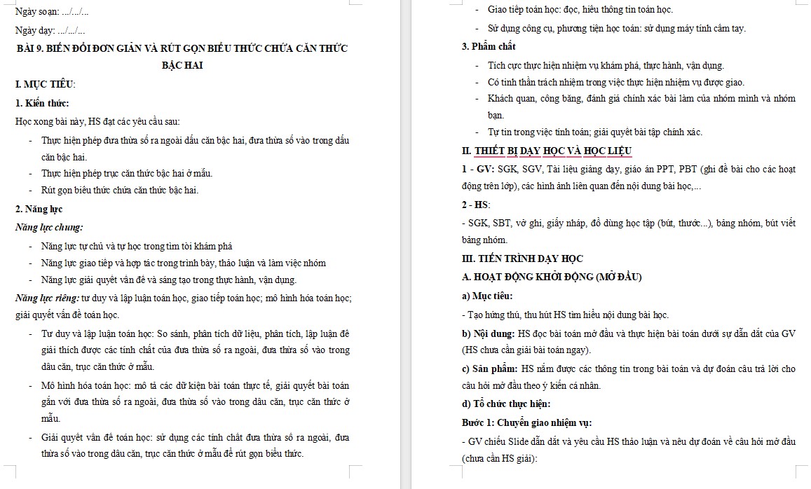Giáo án Toán 9 KNTT Bài Biến đổi đơn giản và rút gọn biểu thức chứa căn thức bậc hai