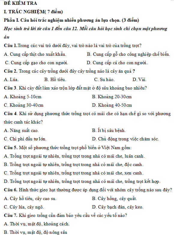 Đề thi giữa kì 1 Công nghệ 7 năm 2025-2026 theo CV 7991