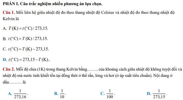Đề thi giữa học kì 1 lớp 12 môn Vật lý