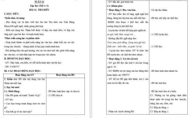 Giáo án Tiếng Việt 2 Bài 21: Thả diều