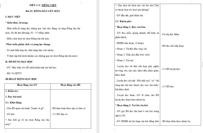 Giáo án Tiếng Việt 2 Bài 23: Rồng rắn lên mây