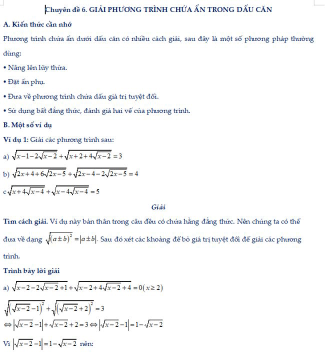 Giải phương trình chứa ẩn trong dấu căn