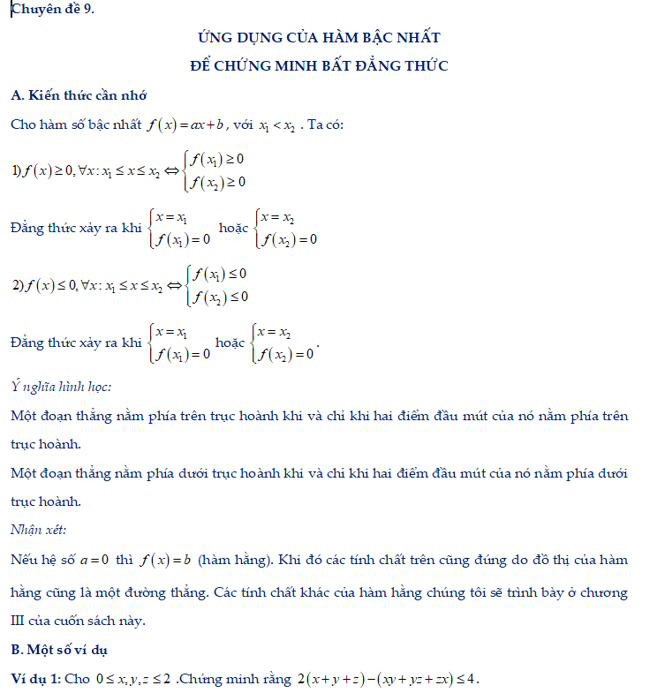 Ứng dụng của hàm bậc nhất để chứng minh bất đẳng thức