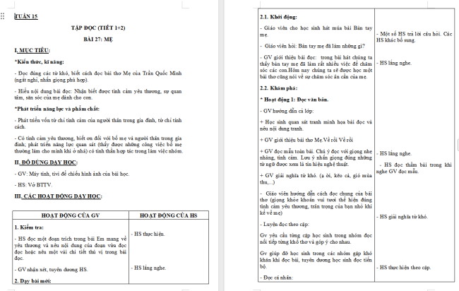 Giáo án Tiếng Việt 2 Bài 27: Mẹ