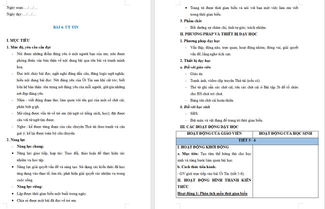 Giáo án Tiếng Việt 2 Bài 4: Viết thời gian biểu