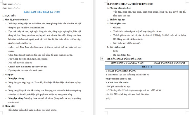 Giáo án Tiếng Việt 2 Bài 2: Đọc Làm việc thật là vui