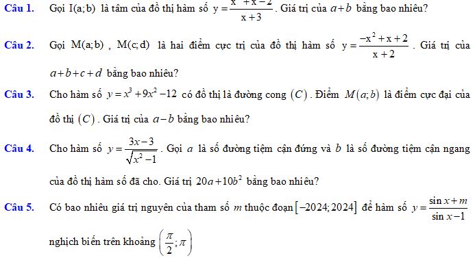 Bộ bài tập trả lời ngắn chương 1 Toán 12