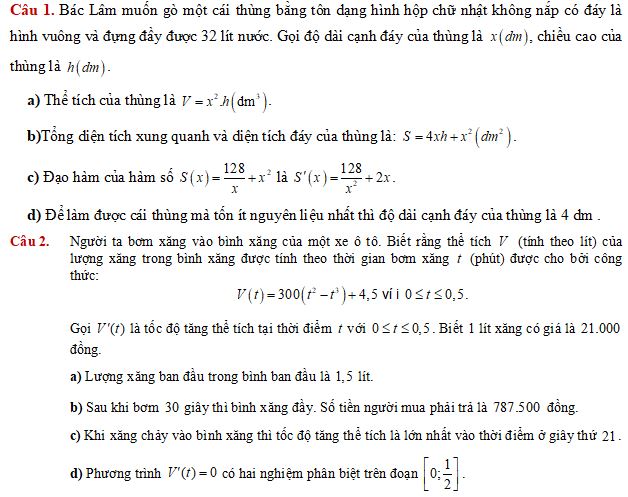 Câu hỏi trắc nghiệm đúng sai Ứng dụng đạo hàm