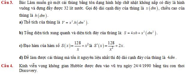 Câu hỏi trắc nghiệm đúng sai Ứng dụng đạo hàm