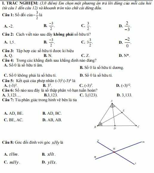 Đề thi giữa kì 1 lớp 7 môn Toán