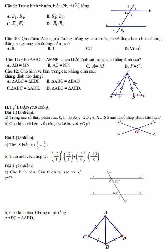 Đề thi giữa kì 1 lớp 7 môn Toán
