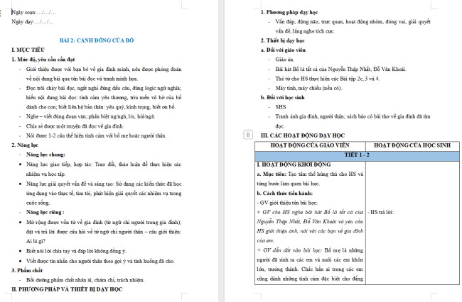 Giáo án Tiếng Việt 2 Bài 2: Đọc Cánh đồng của bố