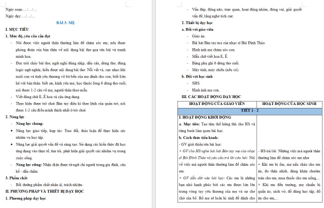 Giáo án Tiếng Việt 2 Bài 3: Đọc Mẹ
