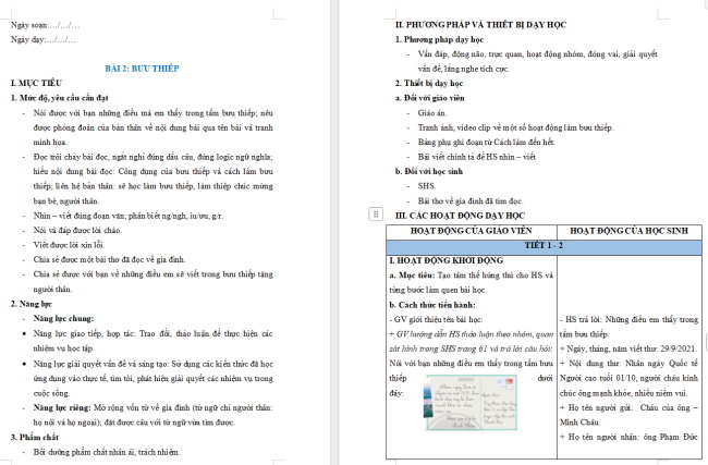 Giáo án Tiếng Việt 2 Bài 2: Đọc Bưu thiếp