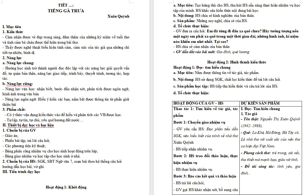 KHBD Ngữ văn 7 Bài Tiếng gà trưa Cánh Diều