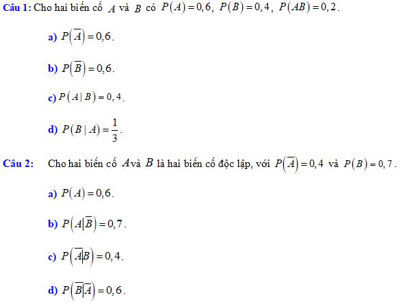 Trắc nghiệm đúng sai Chương Xác suất có điều kiện