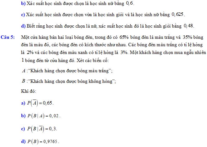 Trắc nghiệm đúng sai Chương Xác suất có điều kiện