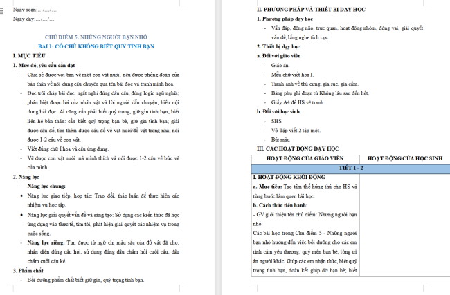 Giáo án Tiếng Việt 2 Bài 1: Đọc Cô chủ không biết quý tình bạn