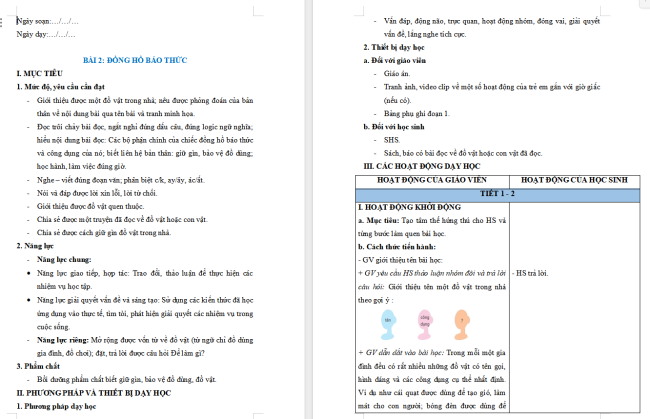 Giáo án Tiếng Việt 2 Bài 2: Nghe - viết Đồng hồ báo thức
