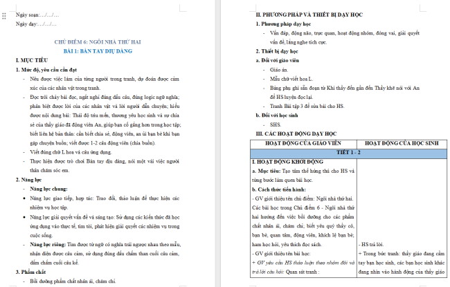 Giáo án Tiếng Việt 2 Bài 1: Đọc Bàn tay dịu dàng