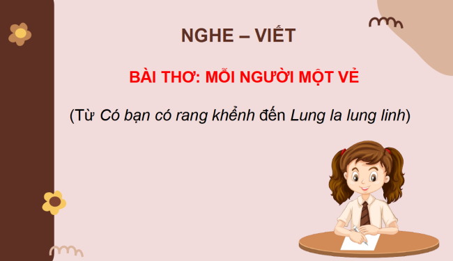 PowerPoint Tiếng Việt 2 Bài 4: Nghe - viết Mỗi người một vẻ, Phân biệt g/gh, ay/ây, an/ang